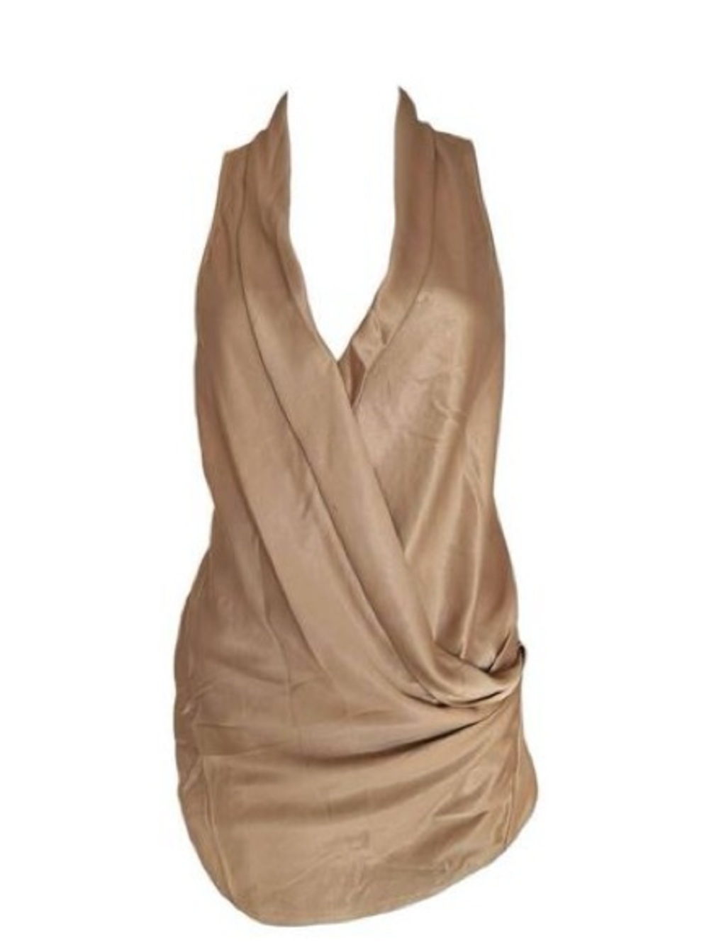 HELMUT LANG Satin Draped V-Neck Halter Tunic in Camel Golden Tan Beige Small